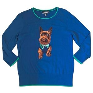 Lands' End Harbor Blue Dog 3/4 Sleeve Sweater Green Trim S/P Scottish Terrier